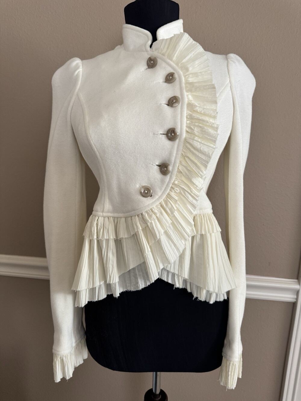 Free People Womens Military Ruffles Jacket Ivory Trim Button Front 0 XXS EUC